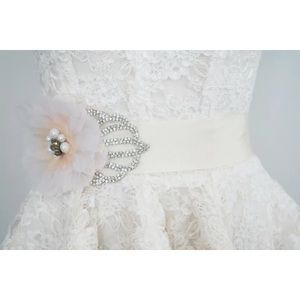 Rhinestone, Grosgrain Ribbon, Fabric Flower & Faux Pearl Ivory Peach Bridal Sash